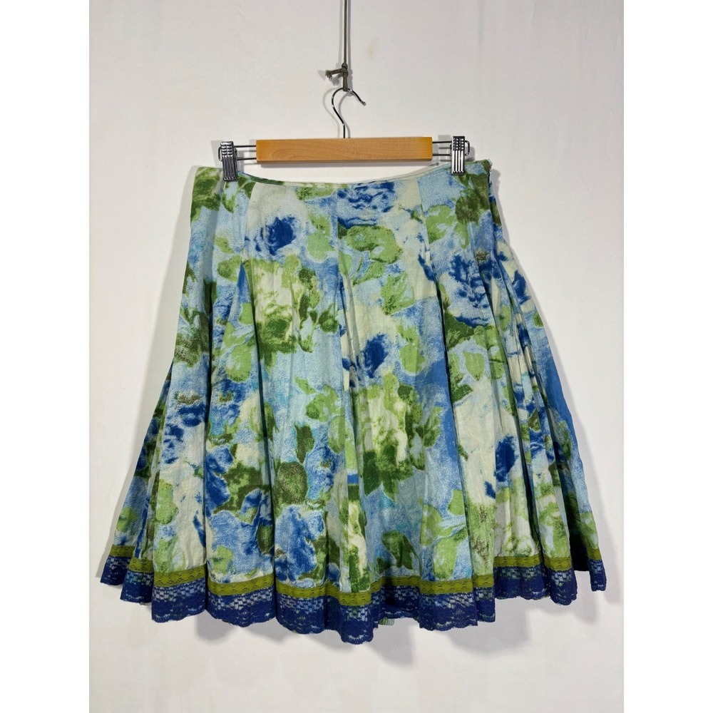 Feminine Cottagecore Watercolor Floral Lace Trim A-Line Skirt Womens L
